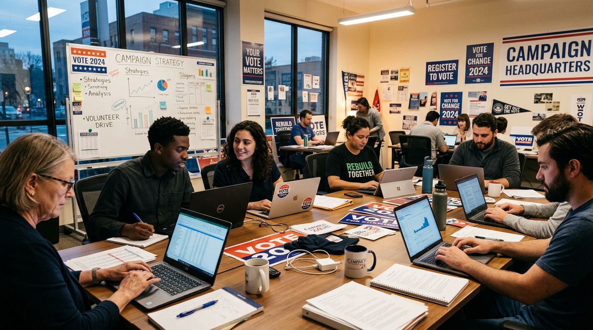 Campaign team analysing polling data on laptops